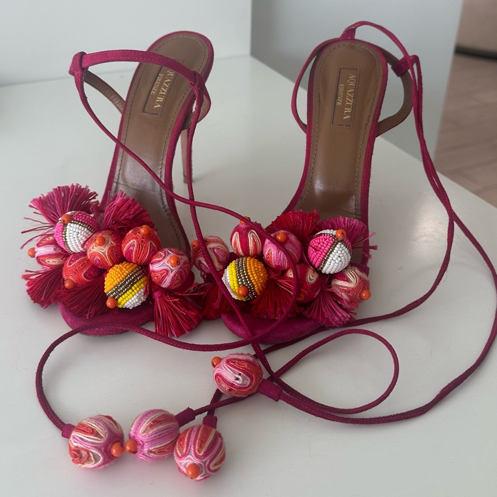 Aquazzura Pink and Orange Strappy Heels with Floral Embellishments